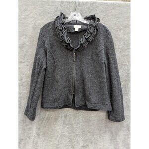 Tweeds Jacket Womens PL Gray Boiled Wool Ruffle Collar Full Zip Knit Short